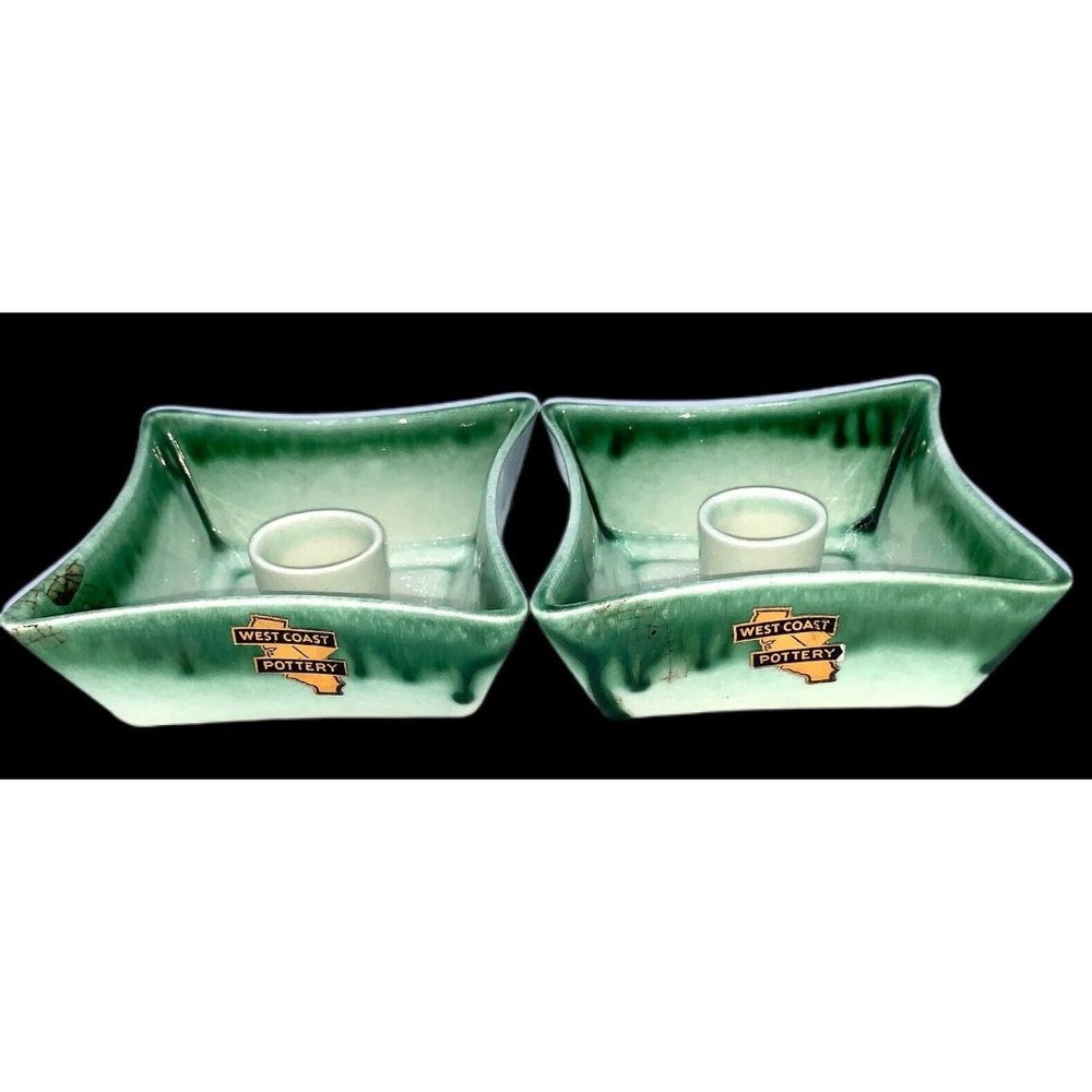 Vtg West Coast Pottery Green Square Candle Holders Set Original Stickers 860-C